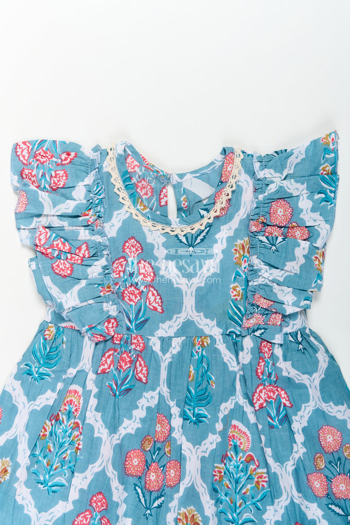 Girls Cotton Function Wear Frocks with Puff Sleeves and Classic Floral Digital Print in Teal Blue