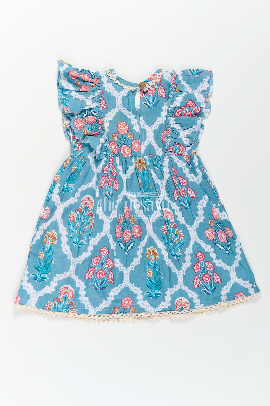 Girls Cotton Function Wear Frocks with Puff Sleeves and Classic Floral Digital Print in Teal Blue