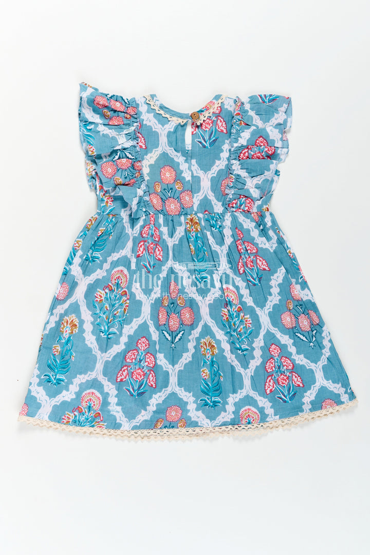 Girls Cotton Function Wear Frocks with Puff Sleeves and Classic Floral Digital Print in Teal Blue