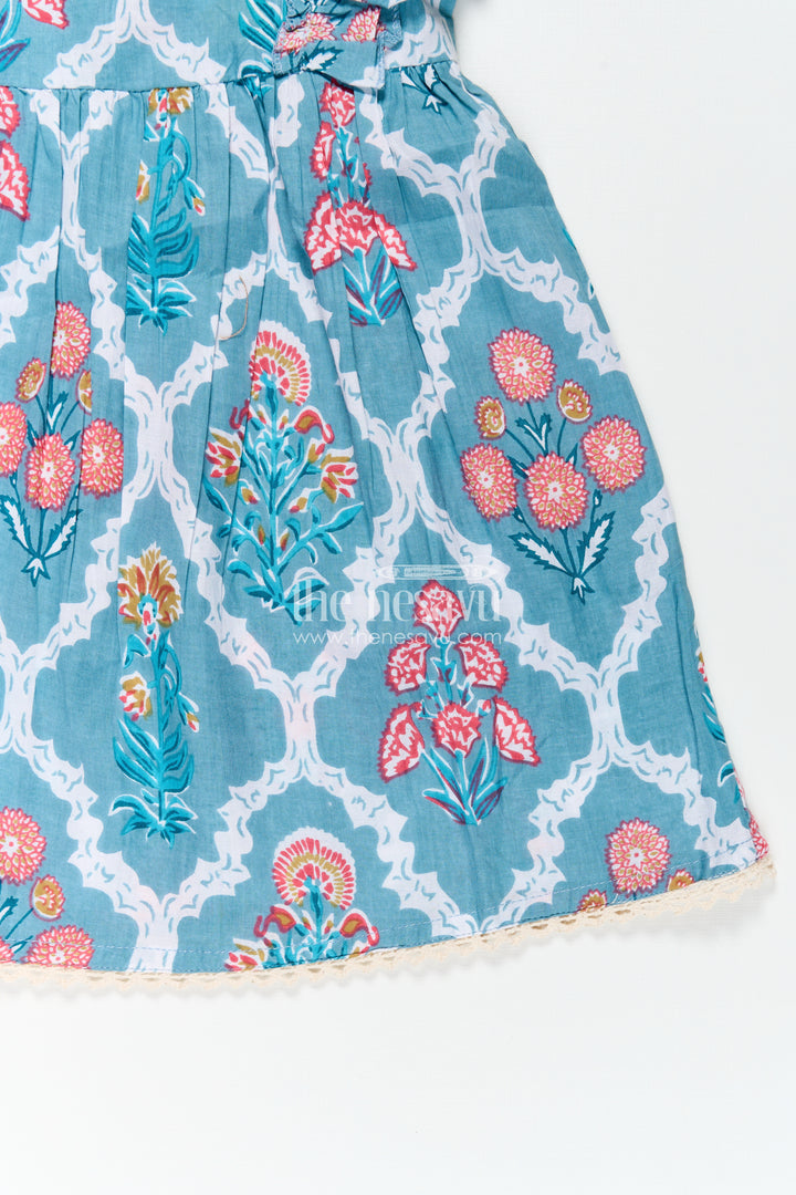 Girls Cotton Function Wear Frocks with Puff Sleeves and Classic Floral Digital Print in Teal Blue