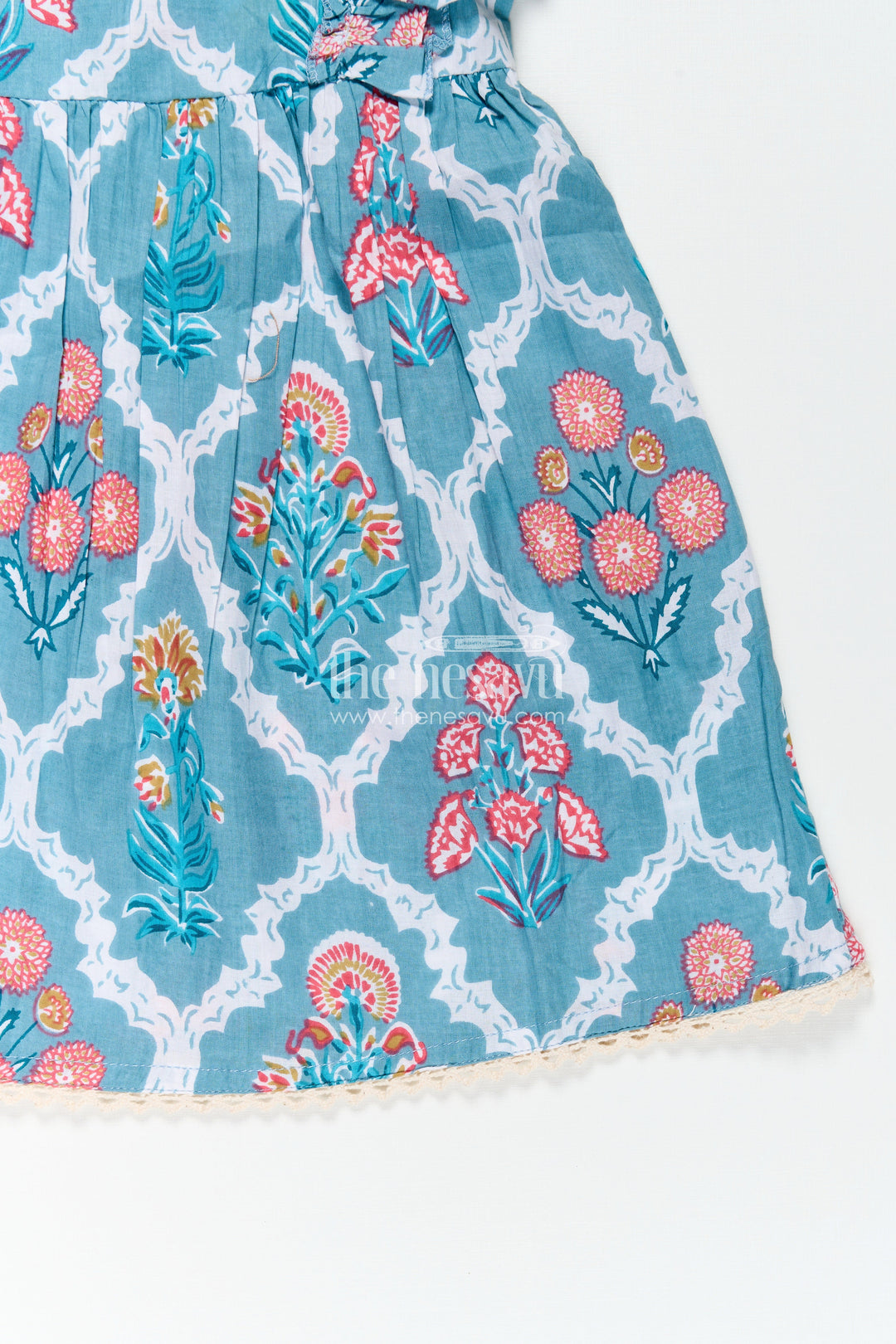 Girls Cotton Function Wear Frocks with Puff Sleeves and Classic Floral Digital Print in Teal Blue