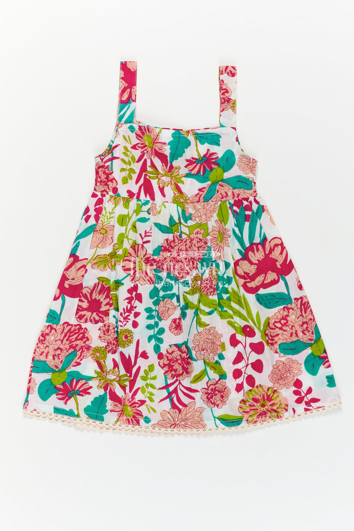 Girls Cotton Party Wear Cotton Frock with Floral Digital Print and Sleeveless Flared Design