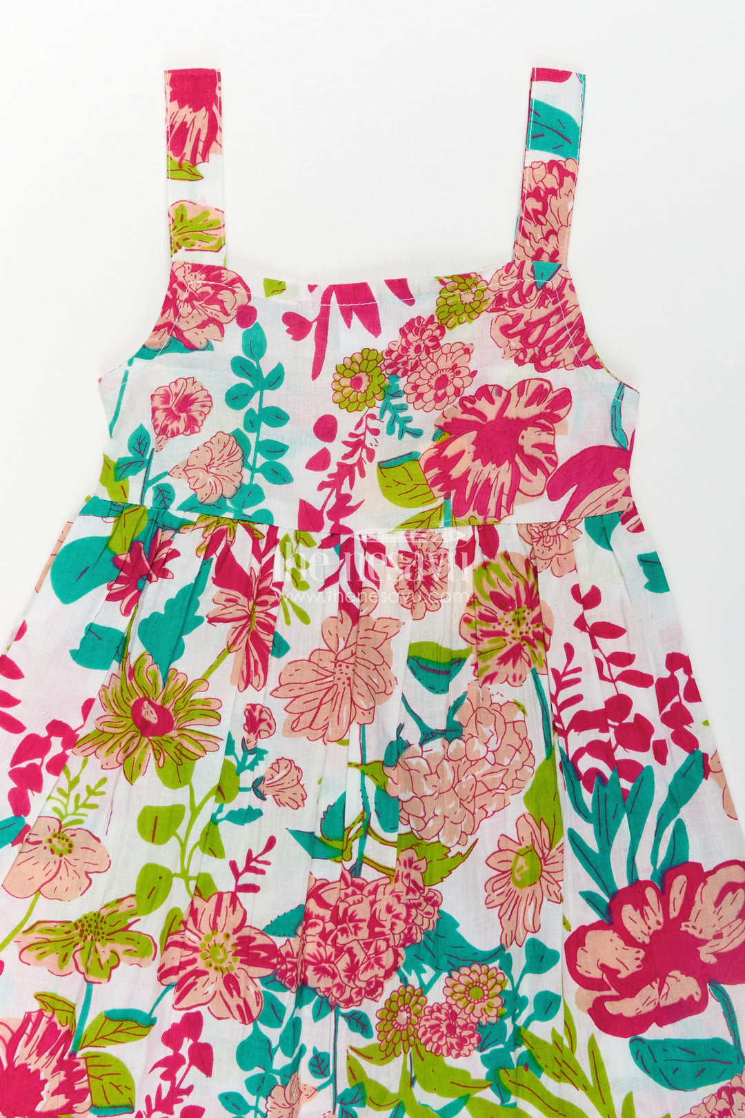 Girls Cotton Party Wear Cotton Frock with Floral Digital Print and Sleeveless Flared Design