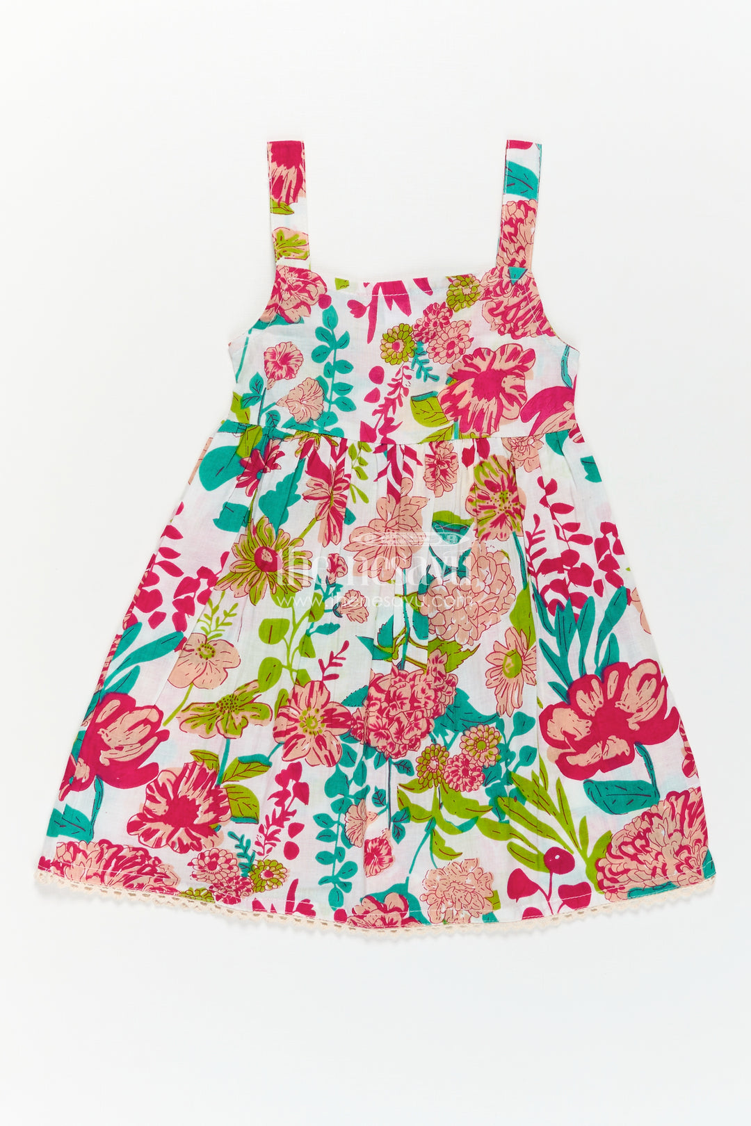 Girls Cotton Party Wear Cotton Frock with Floral Digital Print and Sleeveless Flared Design