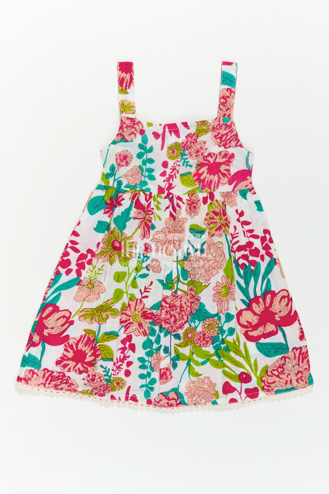Girls Cotton Party Wear Cotton Frock with Floral Digital Print and Sleeveless Flared Design
