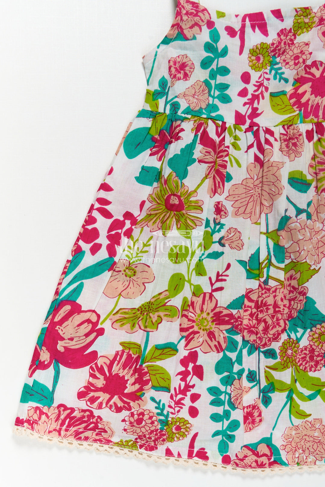 Girls Cotton Party Wear Cotton Frock with Floral Digital Print and Sleeveless Flared Design