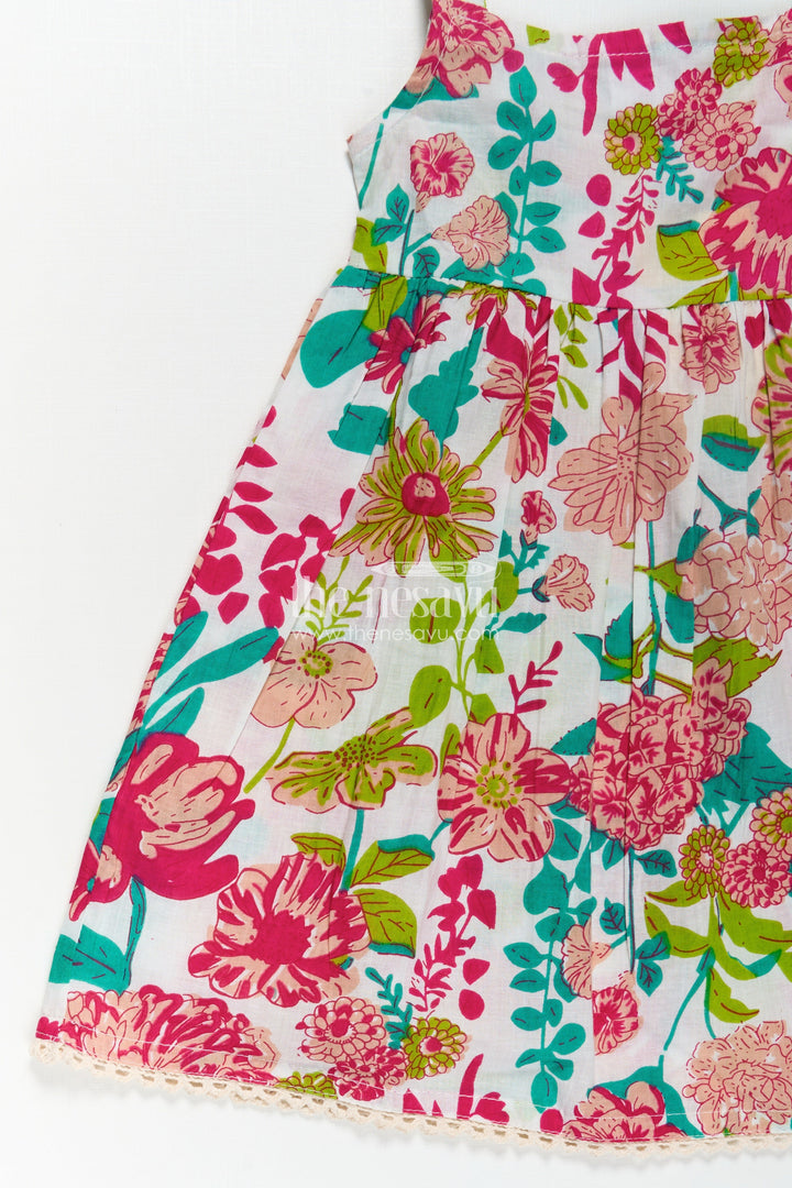 Girls Cotton Party Wear Cotton Frock with Floral Digital Print and Sleeveless Flared Design