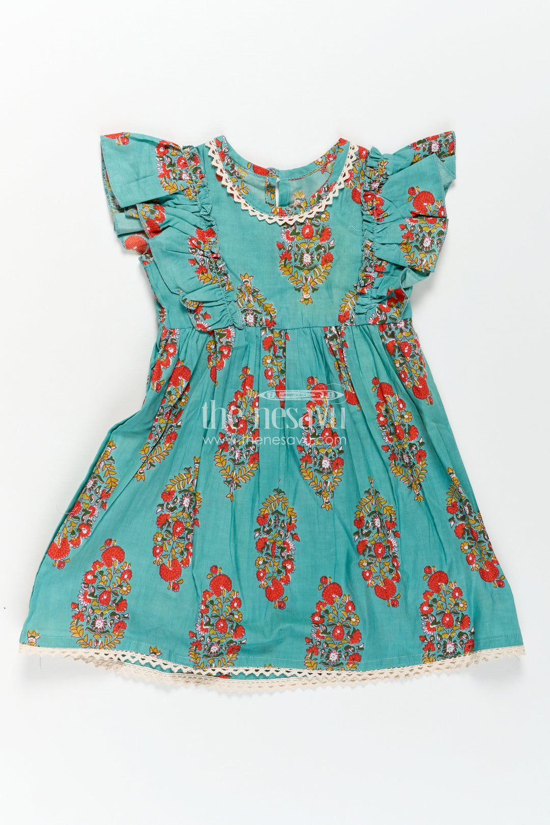 Girls Cotton Infants Frocks in Traditional Floral Design with Puff Sleeves and Lace Trim