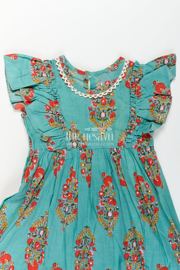 Girls Cotton Infants Frocks in Traditional Floral Design with Puff Sleeves and Lace Trim