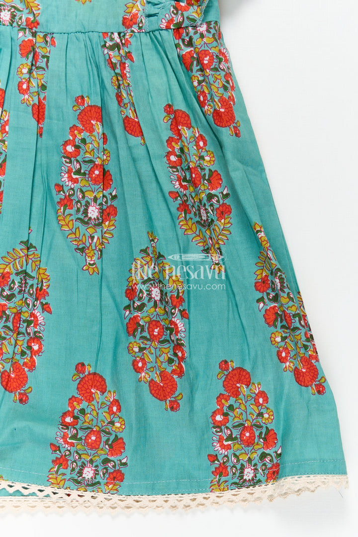 Girls Cotton Infants Frocks in Traditional Floral Design with Puff Sleeves and Lace Trim