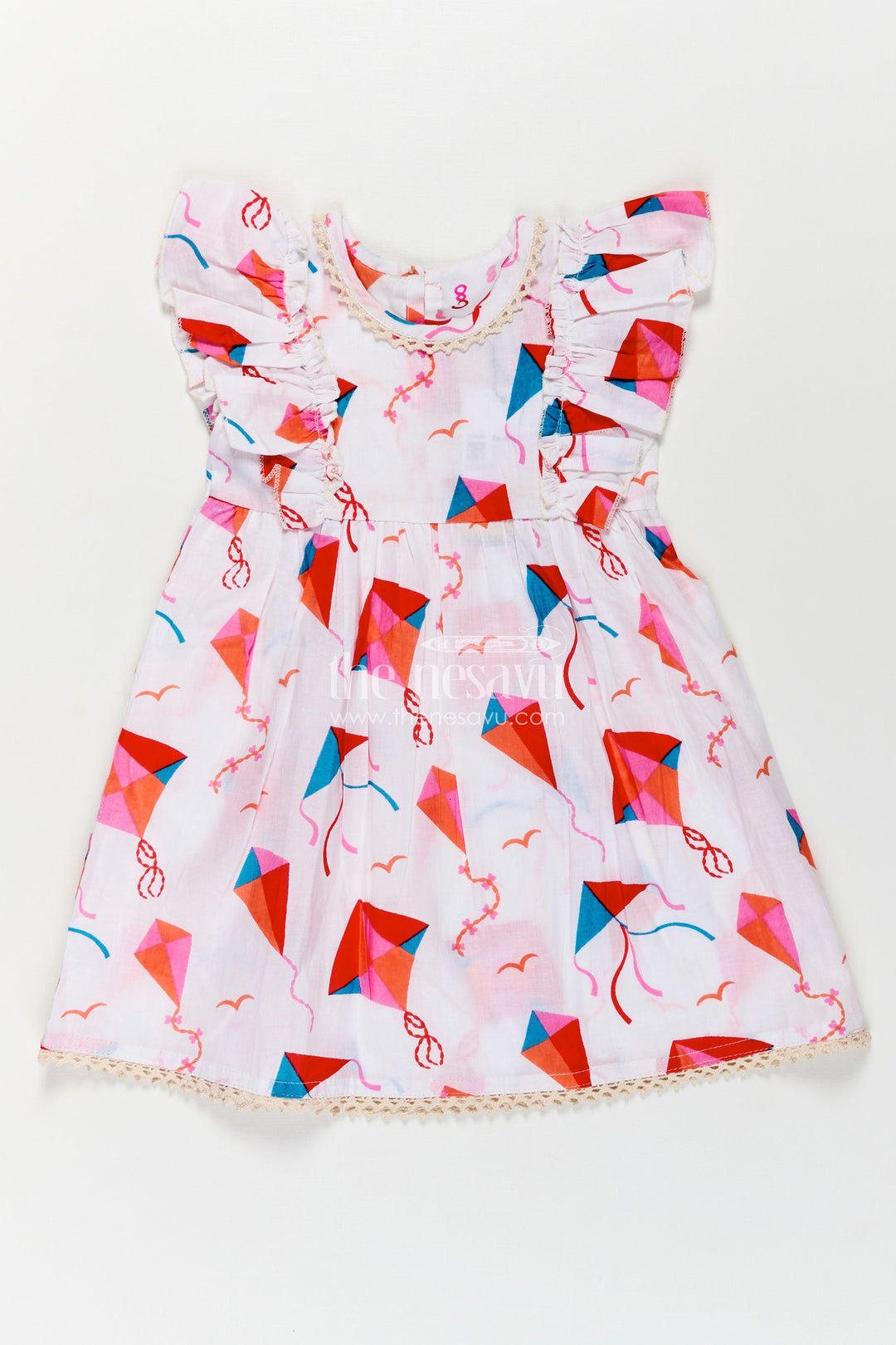 Girls Cotton Online Frock for Girls with Puff Sleeves and Kite Digital Print in Festive Colors