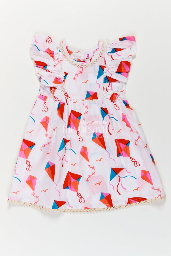 Girls Cotton Online Frock for Girls with Puff Sleeves and Kite Digital Print in Festive Colors