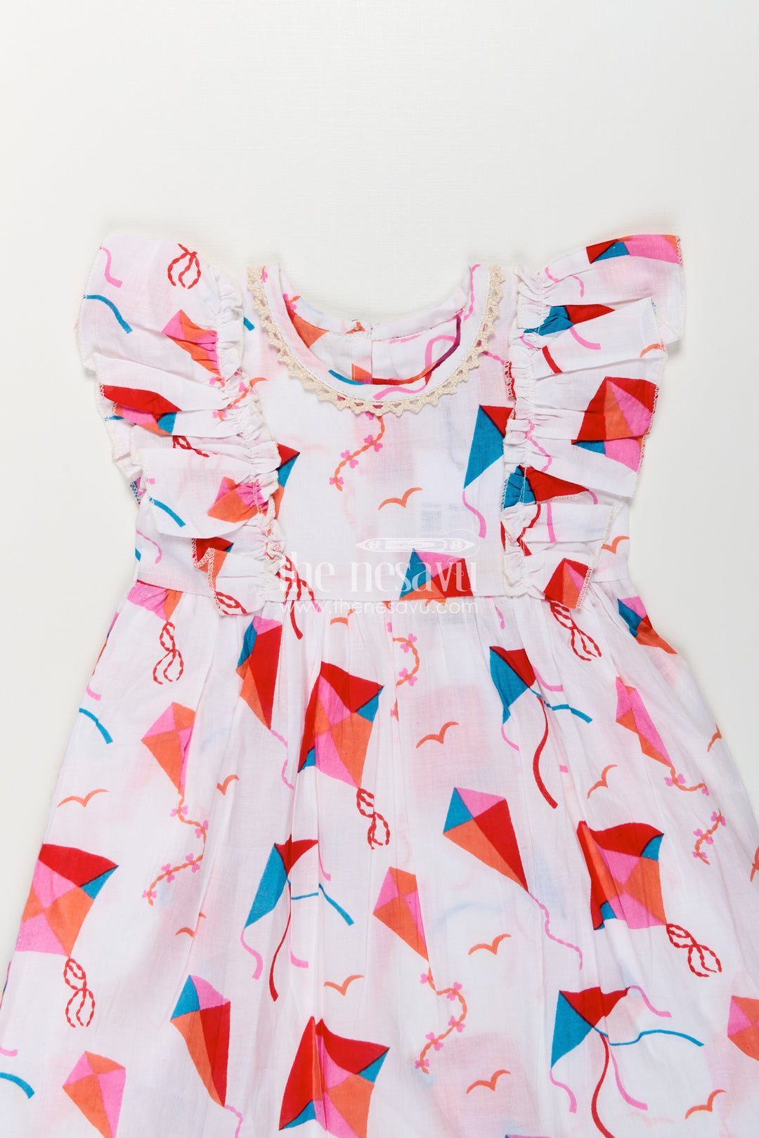 Girls Cotton Online Frock for Girls with Puff Sleeves and Kite Digital Print in Festive Colors