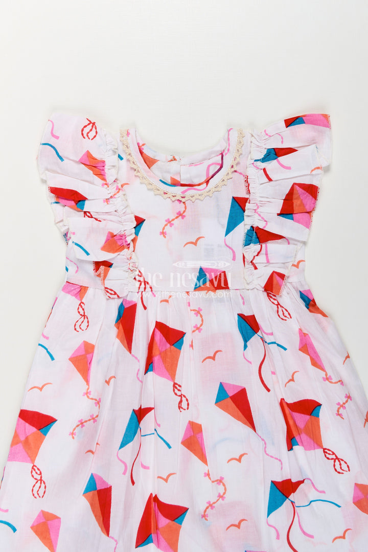 Girls Cotton Online Frock for Girls with Puff Sleeves and Kite Digital Print in Festive Colors