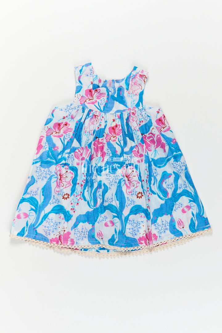 Girls Cotton Simple Design of Frock with Blue and Pink Floral Digital Print and Classic Sleeveless Fit