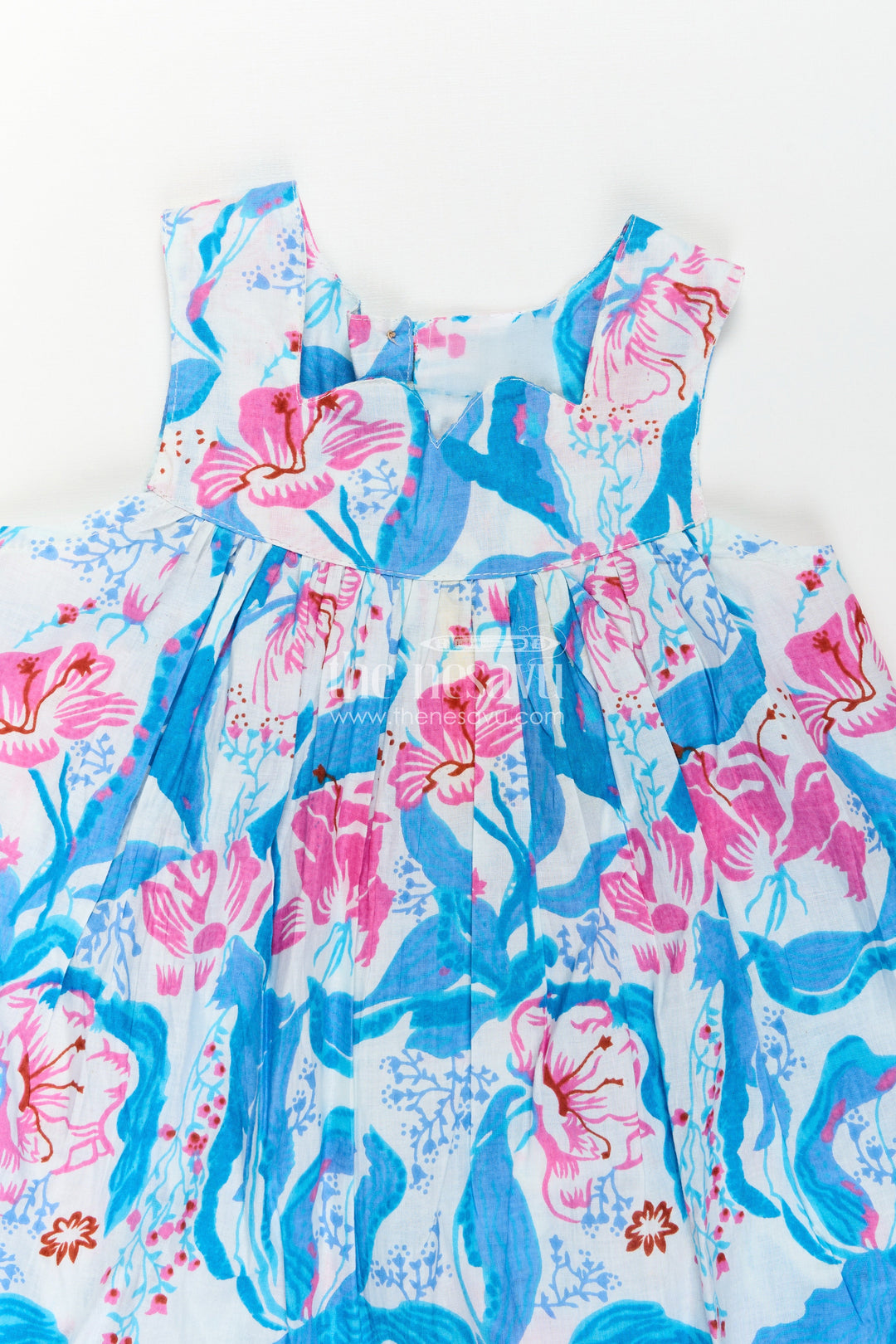 Girls Cotton Simple Design of Frock with Blue and Pink Floral Digital Print and Classic Sleeveless Fit