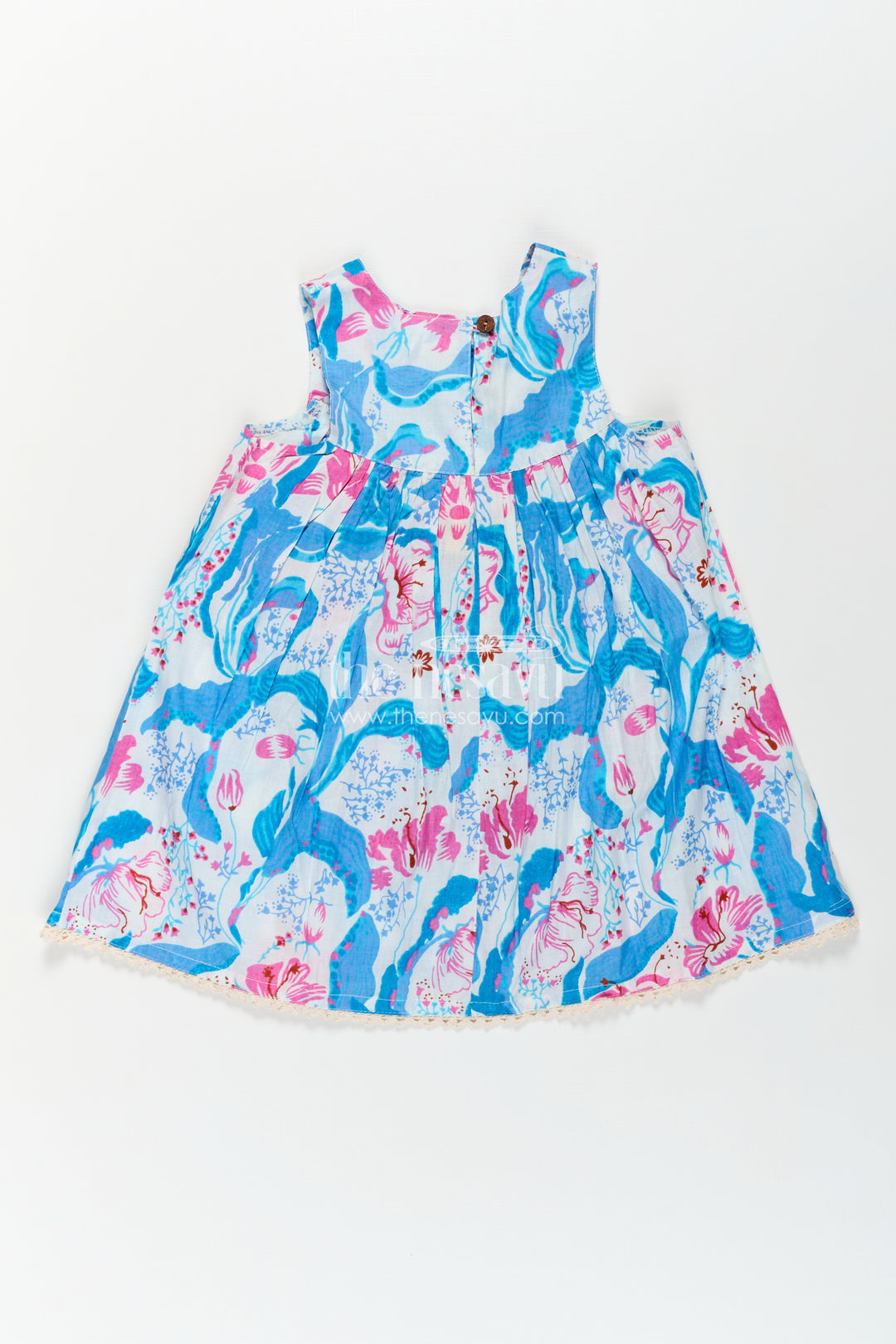 Girls Cotton Simple Design of Frock with Blue and Pink Floral Digital Print and Classic Sleeveless Fit
