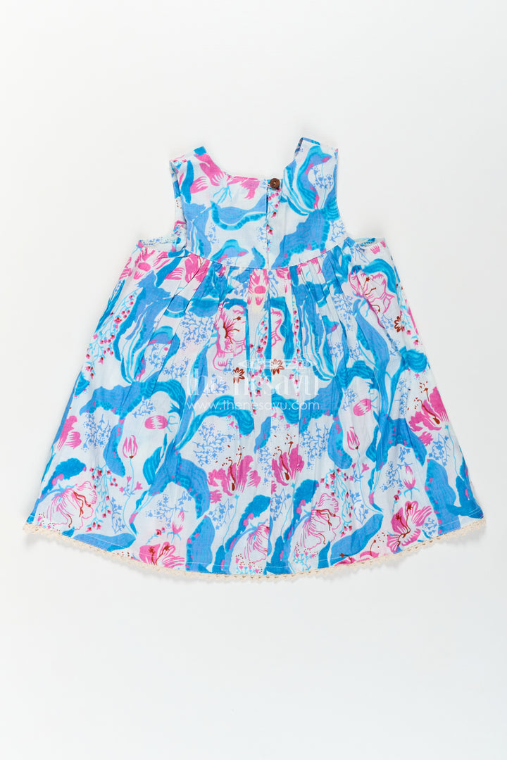 Girls Cotton Simple Design of Frock with Blue and Pink Floral Digital Print and Classic Sleeveless Fit