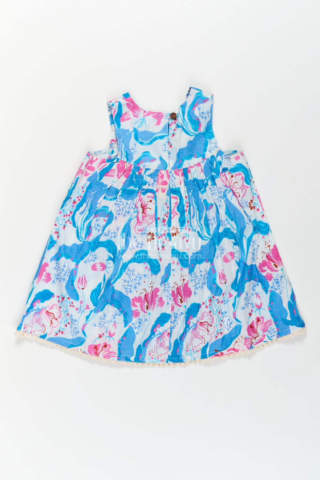 Girls Cotton Simple Design of Frock with Blue and Pink Floral Digital Print and Classic Sleeveless Fit