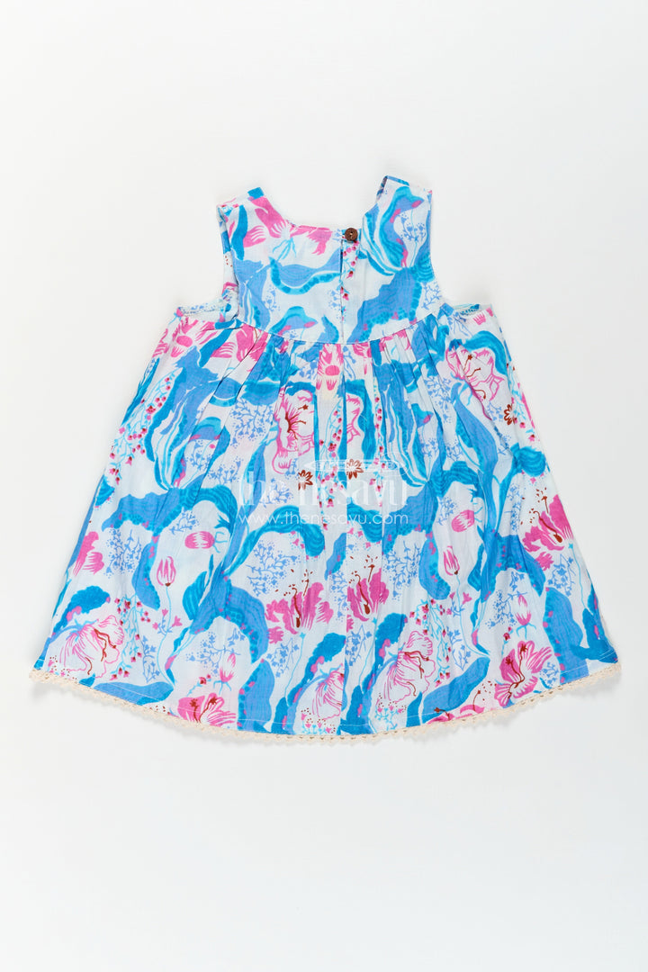 Girls Cotton Simple Design of Frock with Blue and Pink Floral Digital Print and Classic Sleeveless Fit