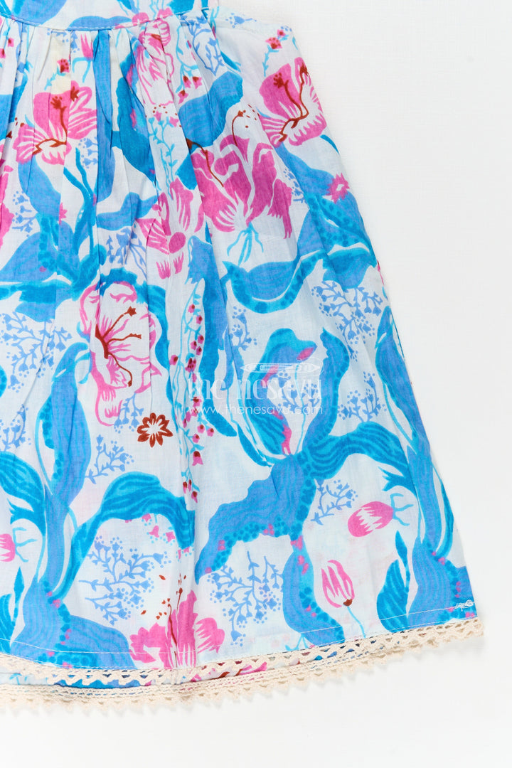 Girls Cotton Simple Design of Frock with Blue and Pink Floral Digital Print and Classic Sleeveless Fit