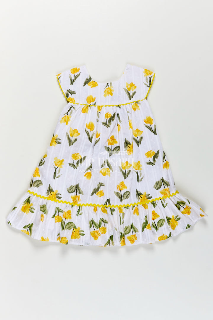 Girls Casual Cotton Frock for Infant with Yellow Floral Print and Ruffle Trim for Everyday Comfort