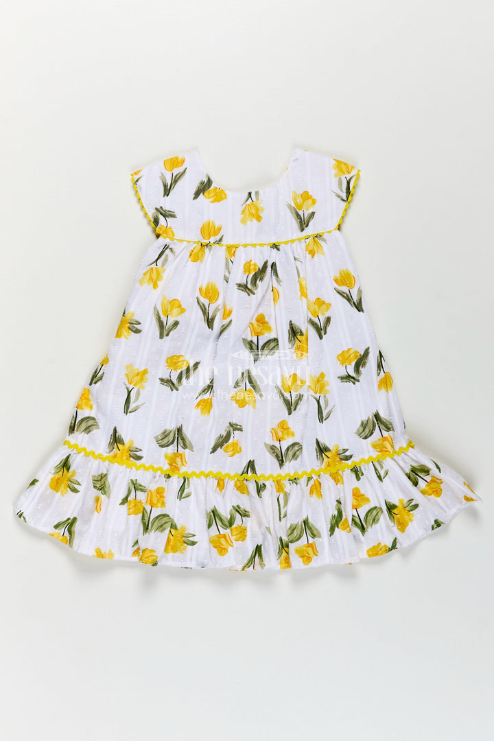 Girls Casual Cotton Frock for Infant with Yellow Floral Print and Ruffle Trim for Everyday Comfort