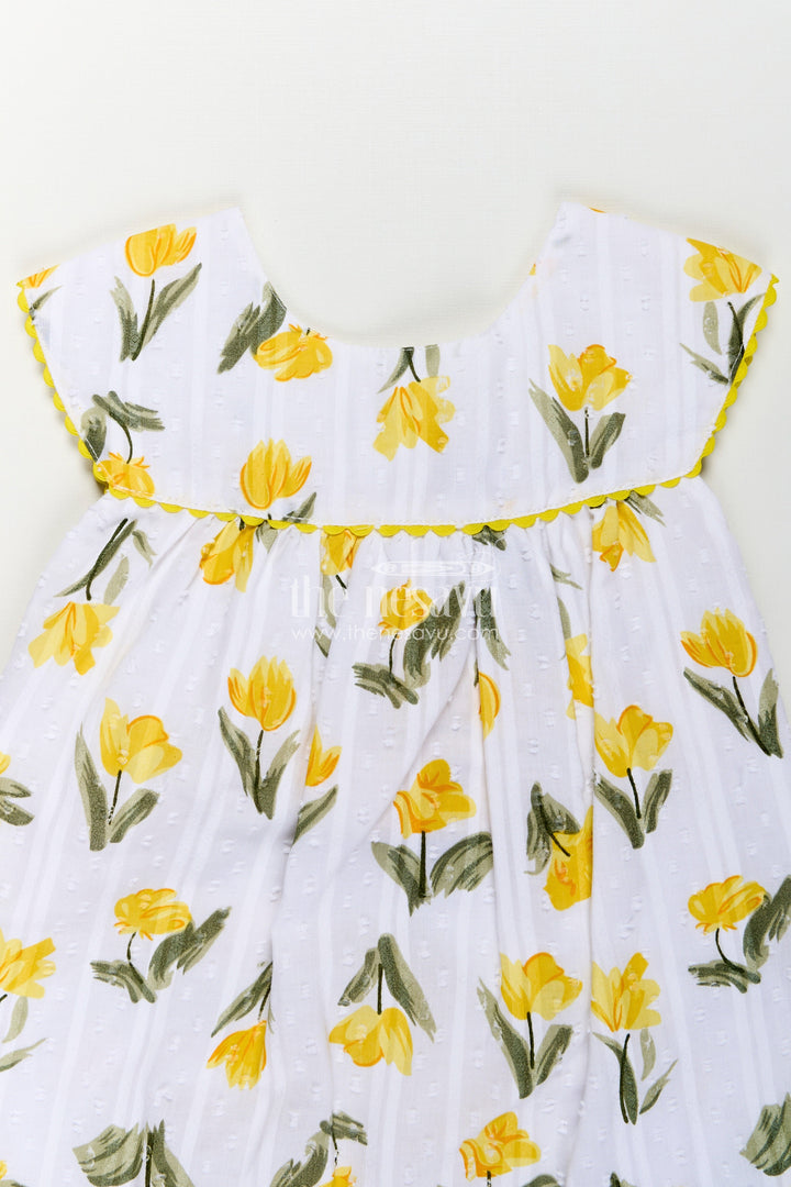 Girls Casual Cotton Frock for Infant with Yellow Floral Print and Ruffle Trim for Everyday Comfort
