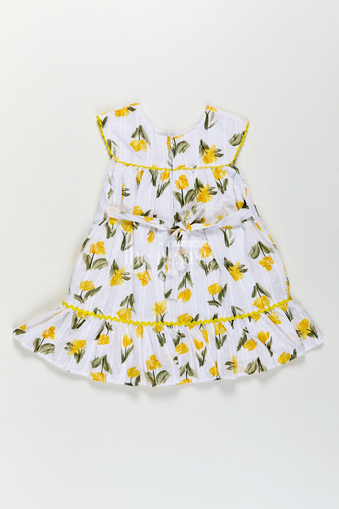 Girls Casual Cotton Frock for Infant with Yellow Floral Print and Ruffle Trim for Everyday Comfort
