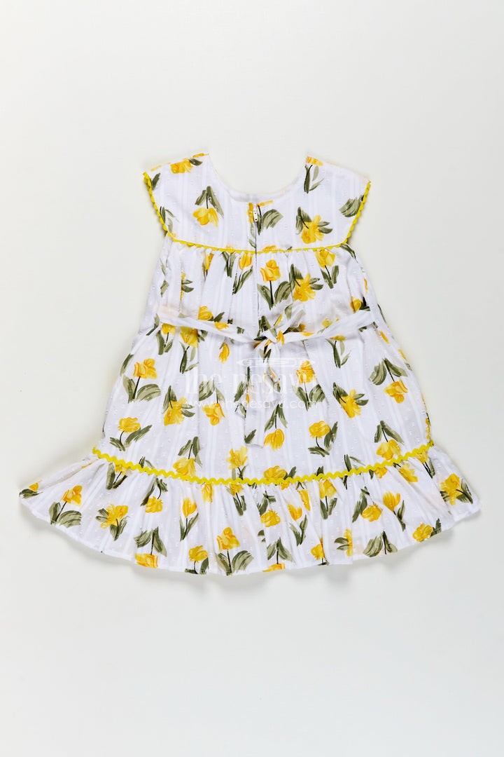 Girls Casual Cotton Frock for Infant with Yellow Floral Print and Ruffle Trim for Everyday Comfort