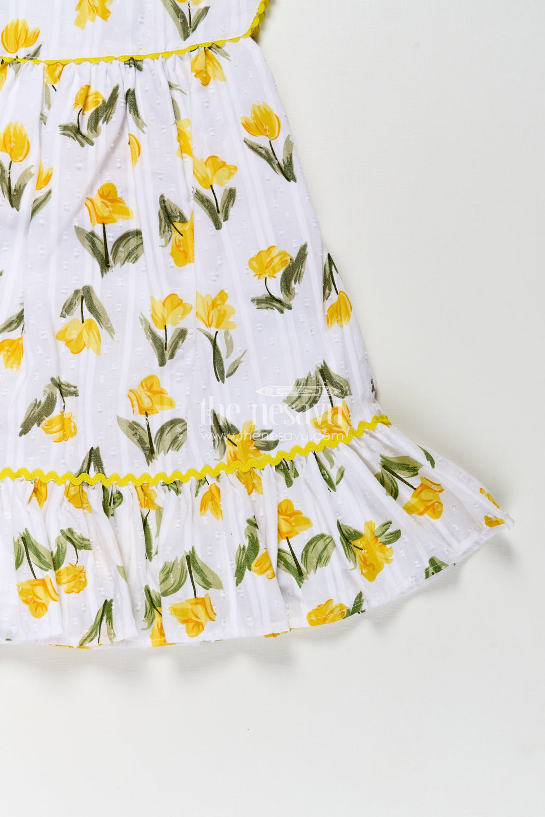 Girls Casual Cotton Frock for Infant with Yellow Floral Print and Ruffle Trim for Everyday Comfort