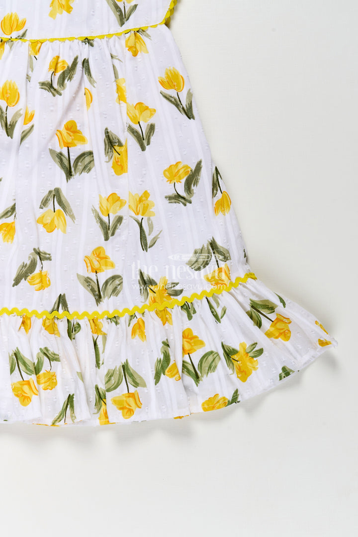 Girls Casual Cotton Frock for Infant with Yellow Floral Print and Ruffle Trim for Everyday Comfort