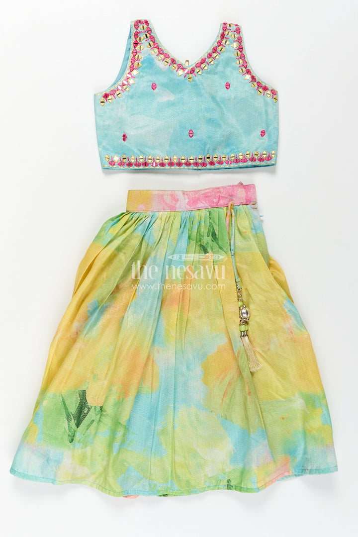 Girls Yellow Shimmer Lehenga Choli with Vibrant Digital Print Perfect for Yellow Cotton Lehenga Party Look