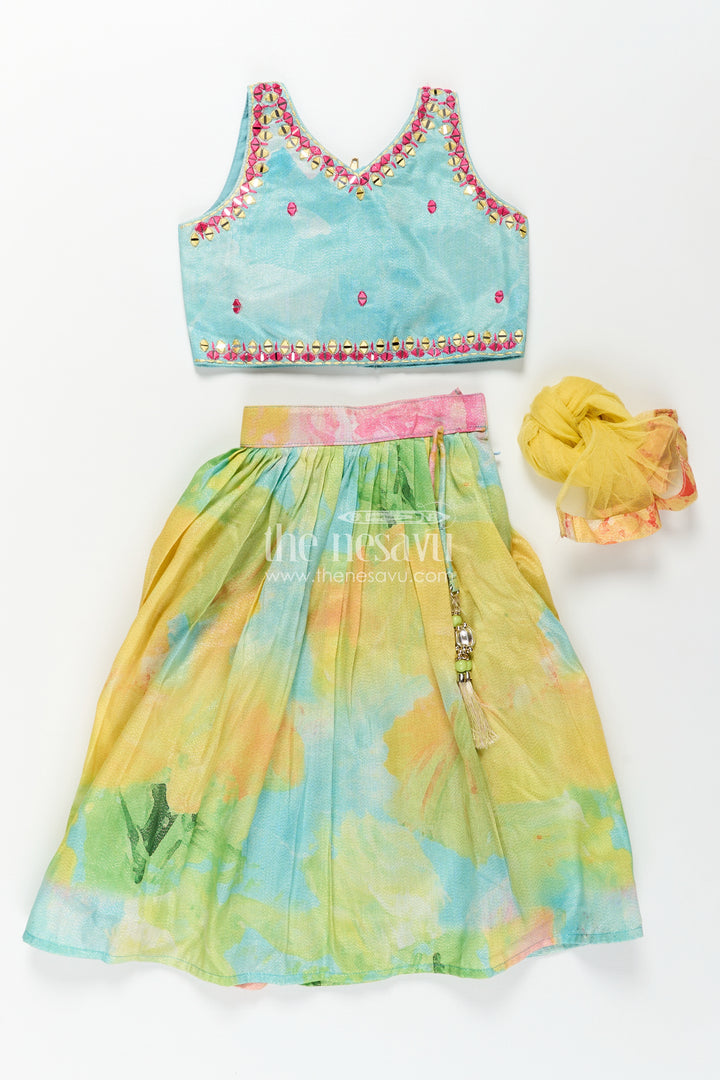 Girls Yellow Shimmer Lehenga Choli with Vibrant Digital Print Perfect for Yellow Cotton Lehenga Party Look