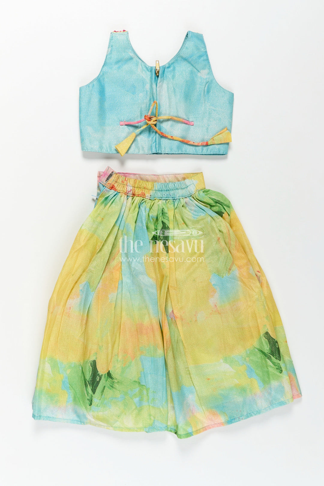 Girls Yellow Shimmer Lehenga Choli with Vibrant Digital Print Perfect for Yellow Cotton Lehenga Party Look