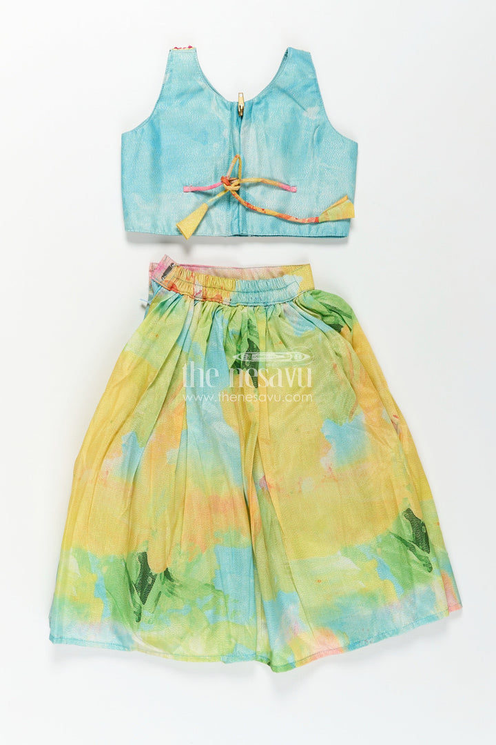Girls Yellow Shimmer Lehenga Choli with Vibrant Digital Print Perfect for Yellow Cotton Lehenga Party Look