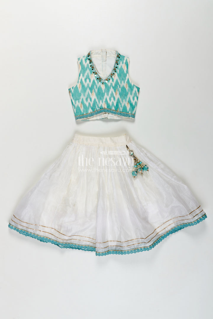 Girls Chinon Silk Latest Collection Lehenga Choli in Aqua Blue with Mirror Embroidery and Dupatta