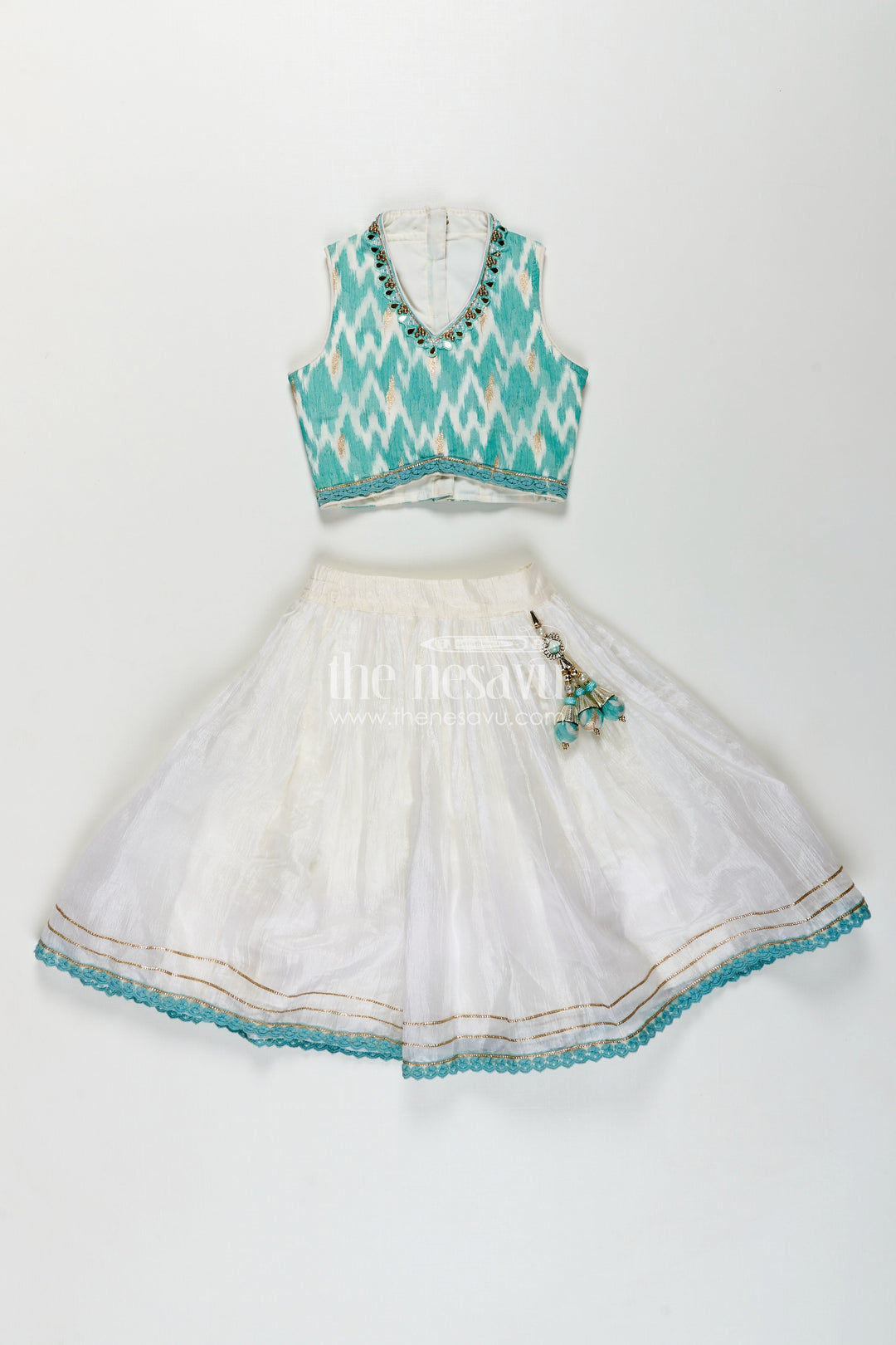 Girls Chinon Silk Latest Collection Lehenga Choli in Aqua Blue with Mirror Embroidery and Dupatta