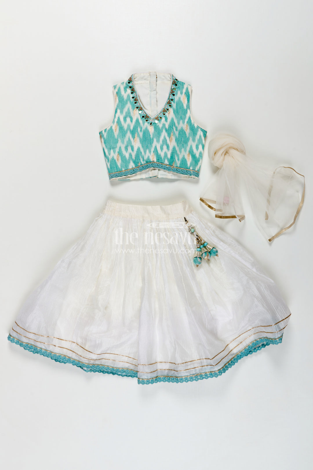 Girls Chinon Silk Latest Collection Lehenga Choli in Aqua Blue with Mirror Embroidery and Dupatta