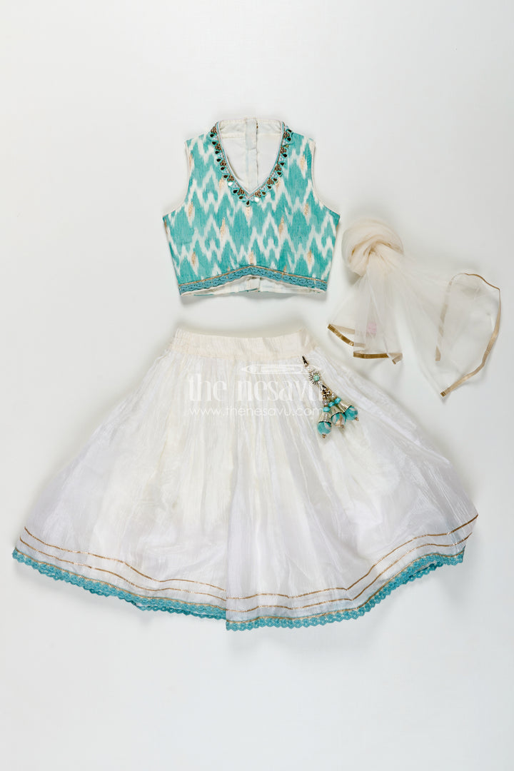 Girls Chinon Silk Latest Collection Lehenga Choli in Aqua Blue with Mirror Embroidery and Dupatta