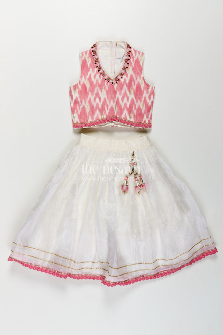 Girls Chinon Silk Stylish Party Wear Dresses Lehenga Choli in Pink with Mirror Embroidery and Tassels