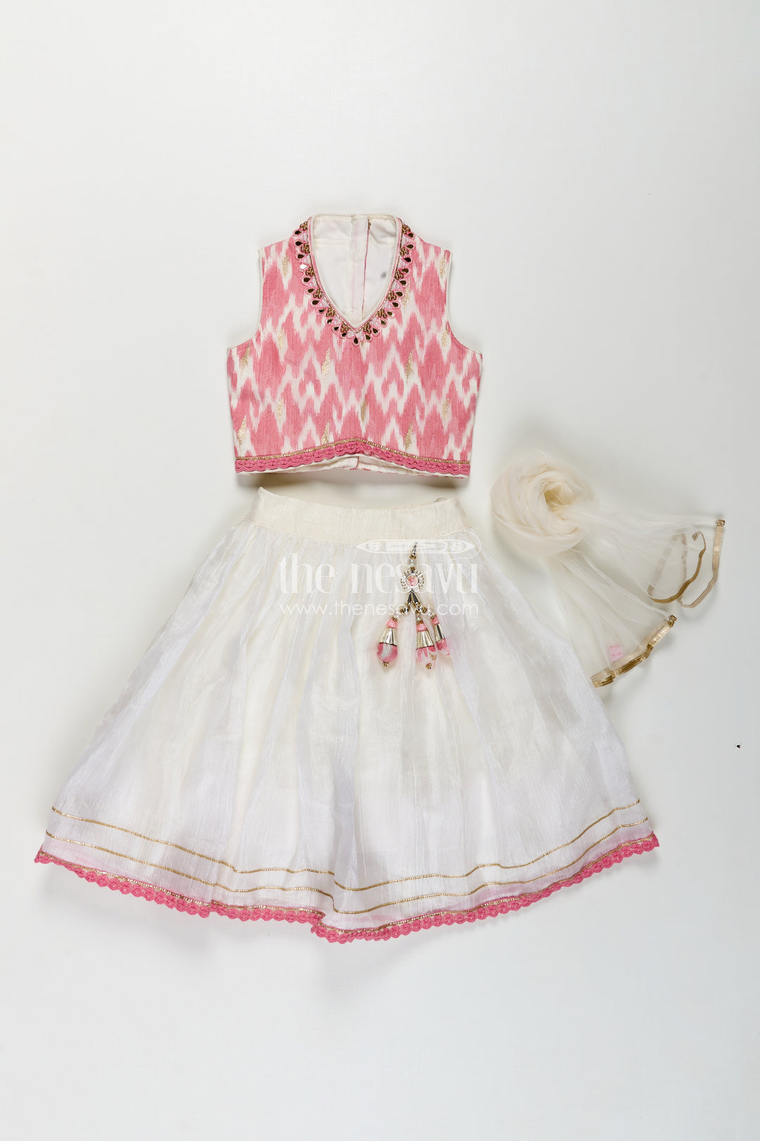 Girls Chinon Silk Stylish Party Wear Dresses Lehenga Choli in Pink with Mirror Embroidery and Tassels
