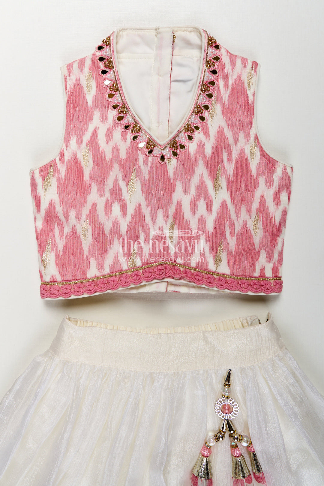 Girls Chinon Silk Stylish Party Wear Dresses Lehenga Choli in Pink with Mirror Embroidery and Tassels