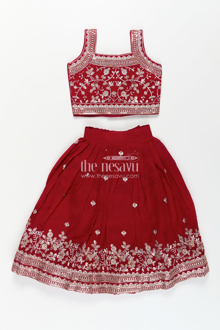 Girls Chinon Silk Party Wear Dresses Maroon Lehenga Choli Set with Embroidered Blouse and Dupatta
