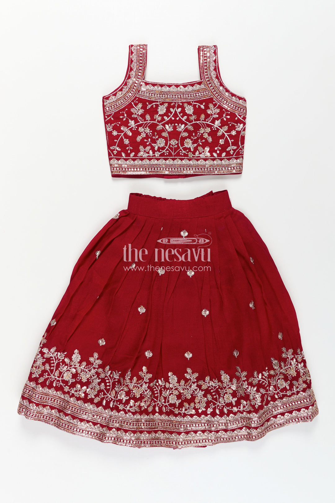 Girls Chinon Silk Party Wear Dresses Maroon Lehenga Choli Set with Embroidered Blouse and Dupatta