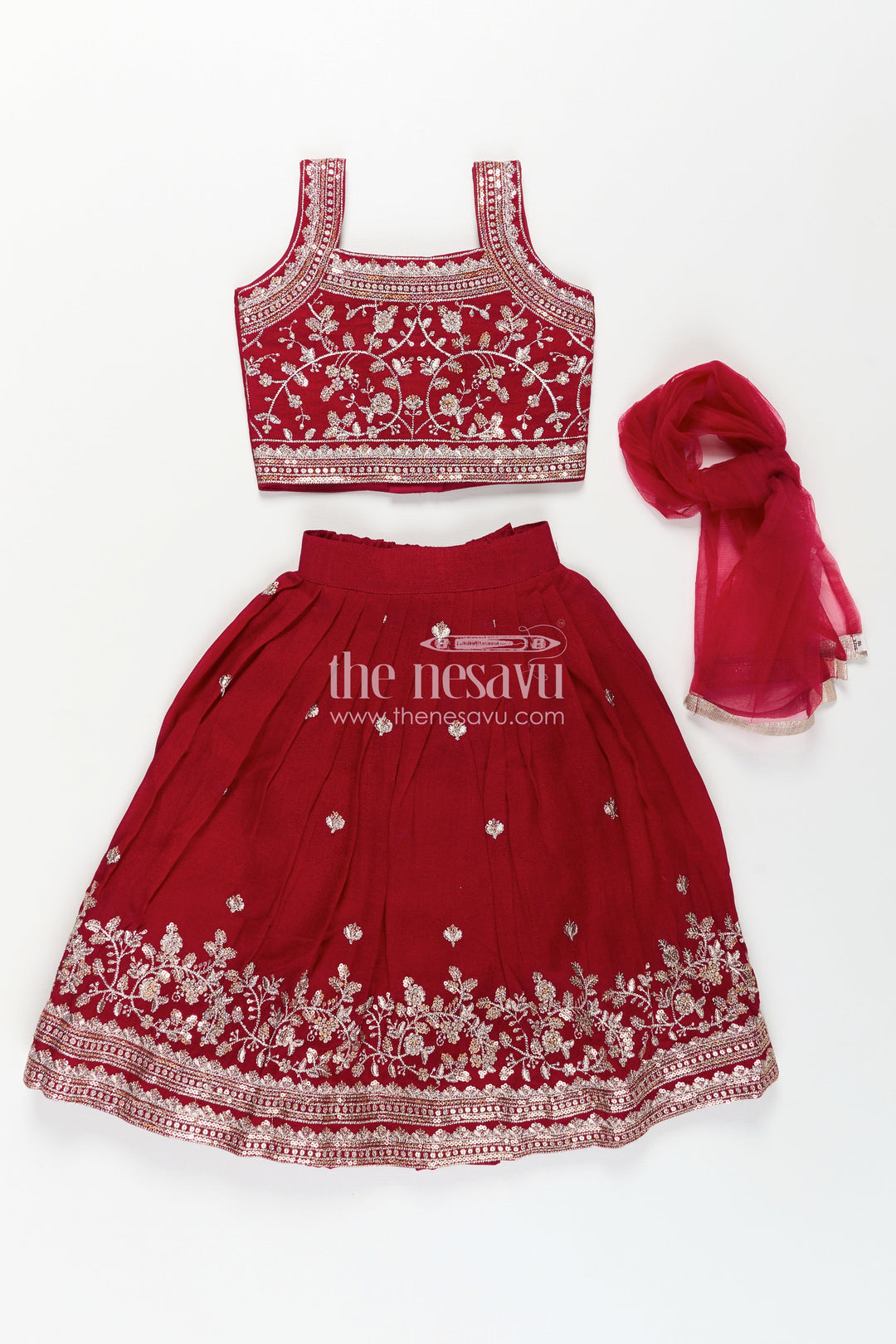 Girls Chinon Silk Party Wear Dresses Maroon Lehenga Choli Set with Embroidered Blouse and Dupatta