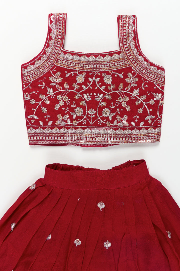Girls Chinon Silk Party Wear Dresses Maroon Lehenga Choli Set with Embroidered Blouse and Dupatta