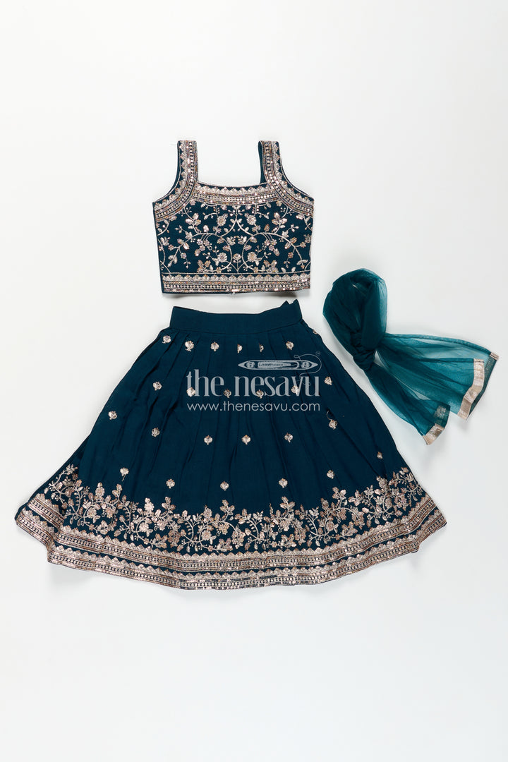 Girls Chinon Silk Dresses for Wedding Function in Deep Green with Embroidered Blouse and Flared Lehenga
