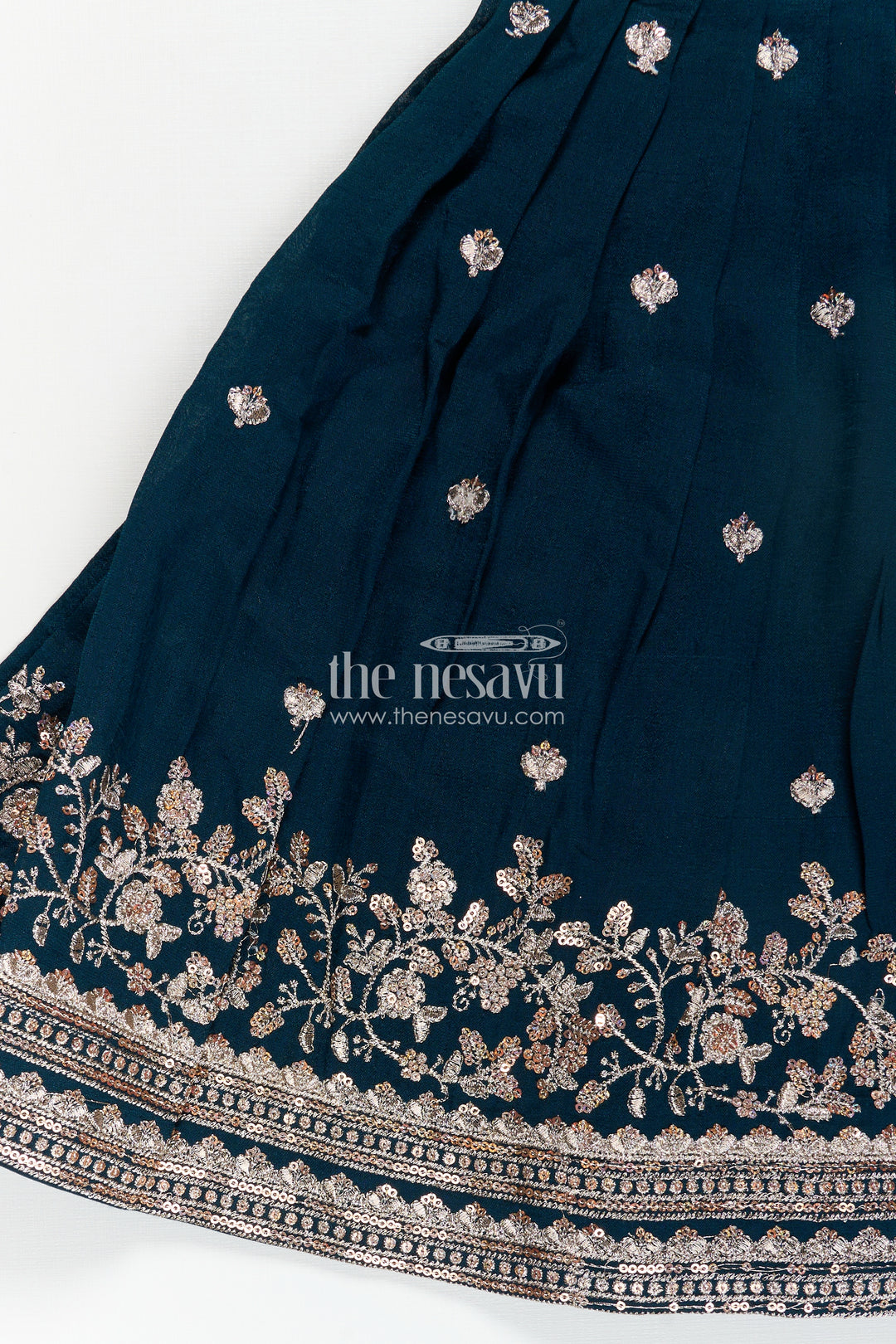 Girls Chinon Silk Dresses for Wedding Function in Deep Green with Embroidered Blouse and Flared Lehenga