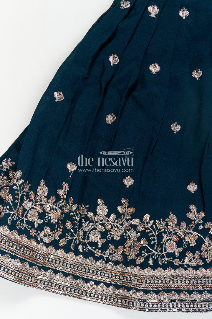 Girls Chinon Silk Dresses for Wedding Function in Deep Green with Embroidered Blouse and Flared Lehenga